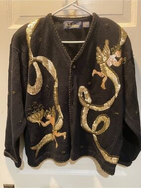 Vintage Black Sequin Embellished Angel Sweater, Beaded, Medium